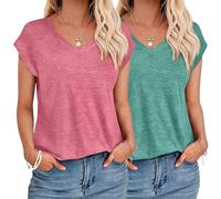 YUTILA Pack de 1/2 camisetas de verano para mujer, informal, básica, monocolor, manga corta, cuello en V, holgada, desenfadada, Rojo y verde., XXL