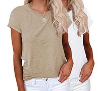 YUTILA Pack de 1/2 camisetas para mujer, de verano, informal, básica, monocolor, manga corta, de 100 % algodón, parte superior, cuello redondo, holgada, informal, Avena+blanco, S