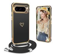 Yutwo Funda para Google Pixel 10 Pro XL con Cuerda, Fundas para Google Pixel 10 Pro XL con Colgante y Motivo Corazón Carcasa Antigolpes, Negro