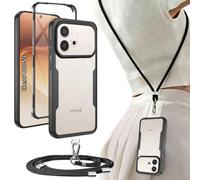 Yutwo Funda para Honor 600 5G con Cuerda, Carcasa Transparente Antigolpes 360 Grados para Honor 600/Honor 600 Pro 5G con Almohadilla Extraíble, Gancho Ajustable, Correa Fundas, Negro