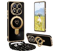 Yutwo Funda para Redmi Note 14 Pro 5G con cordón, Electrolítico Corazón Funda para Xiaomi Redmi Note 14 Pro 5G con Soporte Anillo Mujer Corazón Carcasa Bandolera -Negro