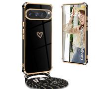 Yutwo Funda para teléfono móvil Google Pixel 9 con correa, funda a prueba de golpes con cordón galvanizado y corazón de amor, funda protectora para Google Pixel 9/9 Pro