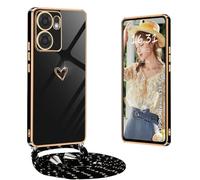 Yutwo Hülle für OPPO Reno 13F 5G mit Band, Silikon schutzhülle mit Love Herz Motiv und integriertem Kordel OPPO Reno 13F 5G Handykette Case, Schwarz