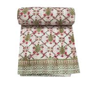 YUVANCRAFTS Colcha india con estampado de bloques tamaño Queen Kantha, colcha Kantha, colcha de algodón, colcha bohemia Kantha (verde y rojo, King 108 x 108 pulgadas)