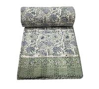 YUVANCRAFTS Colcha india con estampado de bloques tamaño Queen, Kantha, manta Kantha, colcha de algodón, colcha bohemia Kantha (verde claro, King 108 x 108')