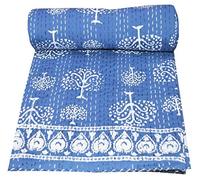 YUVANCRAFTS Colcha india hecha a mano de algodón Kantha con estampado tradicional índigo (azul)