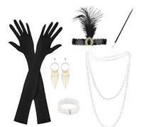 YUVKIN KEWUZY Set de 6 Accesorios de los Años 1920, Disfraces de Fiesta Great Gatsby para Mujer con Diadema Flapper, Guantes, Collar de Perlas y Pendientes para Halloween y Navidad