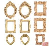 YUXIANLB Juego de 8 espejos en miniatura para casa de muñecas con bordes dorados tallados, decoración de pared barroca victoriana de estilo europeo para exhibición de casa de muñecas a escala 1/12