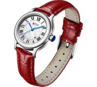 Yuxier Reloj de cuarzo para mujer, clásico, vintage, correa de piel, impermeable, deportivo, calendario, para mujer, Plata y rojo