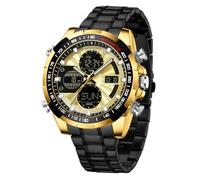 Yuxier Reloj de pulsera analógico digital para hombre, para deportes al aire libre, fecha, multifunción, esfera grande, alarma, cronómetro, impermeable, militar, Negro y dorado