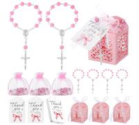 Yuxung Juego de 100 Piezas de Recuerdos de Bautizo Rosa Que Incluye Mini Cajas de Cruz de Rosario, Bolsas de Organza Blancas, Etiquetas de Agradecimiento para Suministros de Ducha, Regalos de