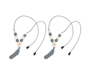 YUYTE Collar Sensorial, 2 Piezas de Collar Masticable de Silicona Suave con Colgante de Pluma para Niños, Juguetes Sensoriales de Madera de Haya para Morderse las Uñas del Cabello, (gris oscuro)