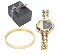 YUYTE Conjunto de Joyas Con Brazalete Y Reloj de Pulsera para Mujer - Cuarzo de Negocios Con Diamantes - Oro Rosa Y Oro