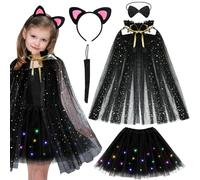 YUYWWAN Disfraz Gata Negra Niña 5 Piezas Tutu Falda Gato Orejas Diadema Pajarita Cola Capa Disfraz Gato Negro Niña para Fiesta de Halloween, Cosplay