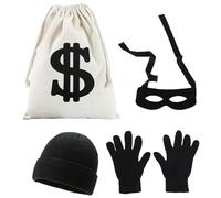 YUZHEDM 4 Piezas Disfraz de Ladrón con Máscara de Ojos, Guantes, Gorro de Punto, 28*40 cm Bolsa de Dinero con Signo de Dólar Adecuado Para Accesorios de Disfraces de Carnaval, Disfraces de Halloween
