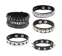 YUZHEDM 5 Piezas Pulseras Punk de Cuero Negro Ajustable, Juego de Brazaletes con Remaches Góticos y Estilo Rock de los 80, Bisutería Unisex para Conciertos, Halloween y Fiestas
