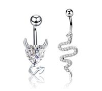 YUZNA 2 piezas Piercings de ombligo para mujeres, 14G Acero quirúrgico, Diseños colgantes de mariposa y corazón, Piercing con flor, CZ chapados, piercing ombligo pequeño, piercing ombligo aro (Plata)