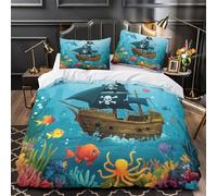 YVASPQRTW Barco Pirata 3D Impresión Edredón Funda 3pz Microfibra fácil Cuidado Aventura submarina Funda de edredón 2 Fundas Cremallera Oculta Familia Invitados Single（140x200cm）