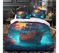 YVASPQRTW Barco Pirata 3D Impresión Funda de edredón 3pz Microfibra Cremallera Oculta Aventura de fantasía Edredón Funda 2 Fundas Transpirable Niños Adolescentes Single (135x200cm)