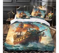 YVASPQRTW Barco Pirata navegando 3D Impresión Funda de edredón 3pz Microfibra Lavable Aventura de fantasía Edredón Funda 2 Fundas hipoalergénica Decoración Familia Double（200x200cm）