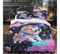 YVASPQRTW Corgi en el Espacio 3D Impresión Funda de edredón 3pz Microfibra Antimanchas Aventura cósmica de fantasía Edredón Funda 2 Fundas Cremallera Decoración habitación niños Single (135x200cm)