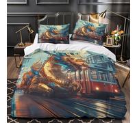 YVASPQRTW dragón mítico 3D Impresión Edredón Funda 3pz Microfibra Resistente Escena Urbana de fantasía Funda de edredón 2 Fundas Cremallera Decoración habitación Parejas Double（200x200cm）