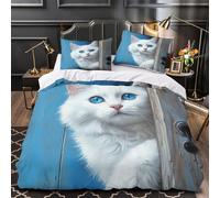 YVASPQRTW Gato Blanco Mirando 3D Impresión Edredón Funda 3pz Microfibra hipoalergénica Mascota de Ojos Azules Funda de edredón 2 Fundas Lavable a máquina Adultos Parejas Single（140x200cm）