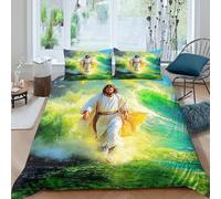 YVASPQRTW Jesús Caminando luz Verde Sábanas Y Edredón 3D Microfibra Uso Anual Decoración del Camino Divino Ropa Juvenil Regalo Familiar Double（200x200cm）