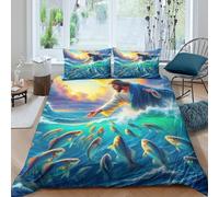 YVASPQRTW Jesús Caminando sobre el Agua Fish Juego De Edredón 3D Lavable A Máquina Uso Anual Arte de la fe milagrosa para Adultos Decoración Dormitorio Regalo Familiar Double（200x200cm）