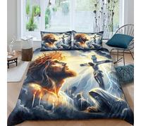 YVASPQRTW Jesús Cruz Cara león Sábanas Y Edredón 3D HD Ligero Decoración de la fe de la redención Ropa Juvenil Regalo para Él Y Ella Double（200x200cm）