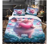 YVASPQRTW Lindo Cerdo sosteniendo un corazón 3D Impresión Funda de edredón 3pz Microfibra Ligera Dibujos Animados caprichosos Edredón Funda 2 Fundas Transpirable Adultos Familia King（220x240cm）