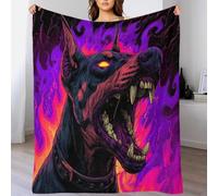 YVASPQRTW Visión de Dóberman Perro del Infierno Manta De Franela Lavable A Máquina, Colcha Premium para Decoración Escena Fuego Demoníaco Energía Violeta Sala De Estar, 50x60inch(127x152cm)
