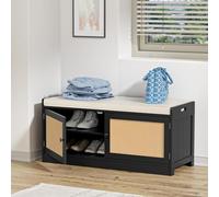 Yvsevnr Banco Zapatero con Asiento Negro, Madera Zapatero Entrada Recibidor, Rattan Banco con Estantes Ajustables, 8-12 Pares de Zapatos, para Pasillo Entrada 101x40 x46 cm
