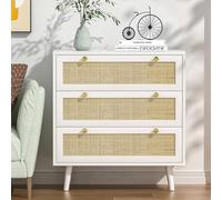 Yvsevnr Cómoda 3 Cajones con Frontal de Ratán, Comoda Dormitorio Blanca y Madera, Antivuelco, Organizador Versátil, Mueble Almacenaje con Cajones para Salón, Oficina, Vestidor Estilo Bohemio