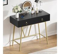 Yvsevnr Escritorio de madera para computadora, escritorio negro con 2 cajones, tocador sin espejo, escritorio para juegos con patas de metal, mesa de maquillaje para el hogar, oficina, dormitorio, 90