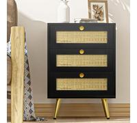 Yvsevnr Mesilla de noche con 3 cajones, color negro, mesita de noche de ratán, mesita de noche, mesita auxiliar, pequeña cómoda para dormitorio, salón, pasillo, oficina, 46 x 37 x 66 cm