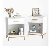 Yvsevnr Mesitas de Noche Pack 2 Blancas y Madera Mesa de Cabecera Moderna Mesillas de Cama Dormitorio con Cajón, Compartimento Abierto para Dormitorio, Salón Mesa Auxiliar de Sofá 48.5 x 40 x 63 cm