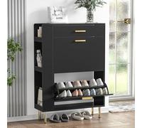 Yvsevnr Moderno Muebles Zapatero de Madera Zapatero Entrada Recibidor 2 Puertas, 2 Cajones, 3 Compartimentos Abiertos, Estantes Ajustables, para 12-16 Pares, Negro, para Entrada, Salón, Pasillo