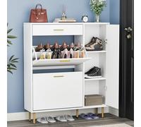 Yvsevnr Mueble Zapatero Madera 3 Puertas y 1 Cajón, Antivuelco Zapatero Entrada Recibidor y Patas de Metal, Estantes Ajustables, para 14-18 Pares, Blanco, para Entrada, Salón, Pasillo
