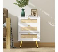 Yvsevnr Ratán Mesillas de Noche Dormitorio 3 Cajones Madera Mesa de Cabecera, Mesa Auxiliar con Patas de Metal, Blanco Mesilla Noche para Dormitorio, Salón 46 x 37 x 66 cm