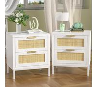 Yvsevnr Rattan Mesita de Noche 2 cajones, Mesa de Noche Dormitorio Set 2, Boho Mesa Cabecera Madeira, Mesilla Noche Blanca, Mesita Habitacion para Dormitorio, Salón
