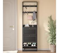 Yvsevnr Zapatero Estrecho con 3 Solapas y Perchero y 6 Ganchos, Gran Capacidad 14-18 Pares, Antivuelco, Armario Zapateros Estrecho de Madera para Vestíbulo o Pasillo, Estantes Ajustables 24x60x200 cm