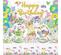 Ywediim Decoración de fiesta de cumpleaños de dragón, incluye telón de fondo, platos, tazas, servilletas, mantel, globos, popotes, decoraciones de cumpleaños de dragón, sirve para 20