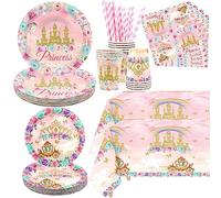 Ywediim Decoraciones de fiesta de cumpleaños de princesa Sirve a 20 invitados, incluidos platos llanos, platos de postre, vasos, servilletas, mantel, pajitas, para niñas