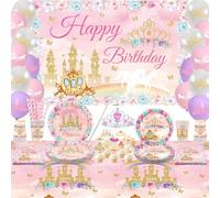 Ywediim Suministros de fiesta de princesa, incluye pancarta, plato, tul, globos, servilletas, mantel, decoraciones de fiesta de cumpleaños para niñas para 20 invitados (estilo A)