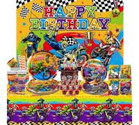 Ywediim Suministros para fiesta de cumpleaños de moto de cross, incluye telón de fondo de feliz cumpleaños, plato, para niños, motocicletas, deportes extremos, decoraciones, sirve 20, juego a