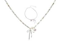 YWeiLiangSan Pulsera Plateada de Lazo con Perla y Corazón - Regalo Bodas Dama de Honor, Mamá y BFF (1 Set,Medium)