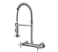 YWJFSA Grifo Cocina Pared Acero Inoxidable,Dos Modos de Salida de Agua Giratorio 360° Ducha Extraíble Grifo Mezclador de Fregadero de Doble Mango