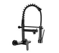 YWJFSA Grifo Cocina Pared con 2 Salidas Cabezal Rociador Giratorio 360°,Ducha Extraíble,Grifo Cocina de Pared Flexible,Negro