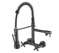 YWJFSA Grifo Cocina Pared con Ducha Extraíble,2 Salidas Cabezal Rociador,Alto Arco Giratorio,Grifo de Resorte de Doble Manija para Fregadero de Cocina Agua Caliente Y Fría